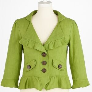 Tasha Polizzi for T.P. Saddleblanket Linen Ruffle Peplum Jacket Green Sz S NWOT